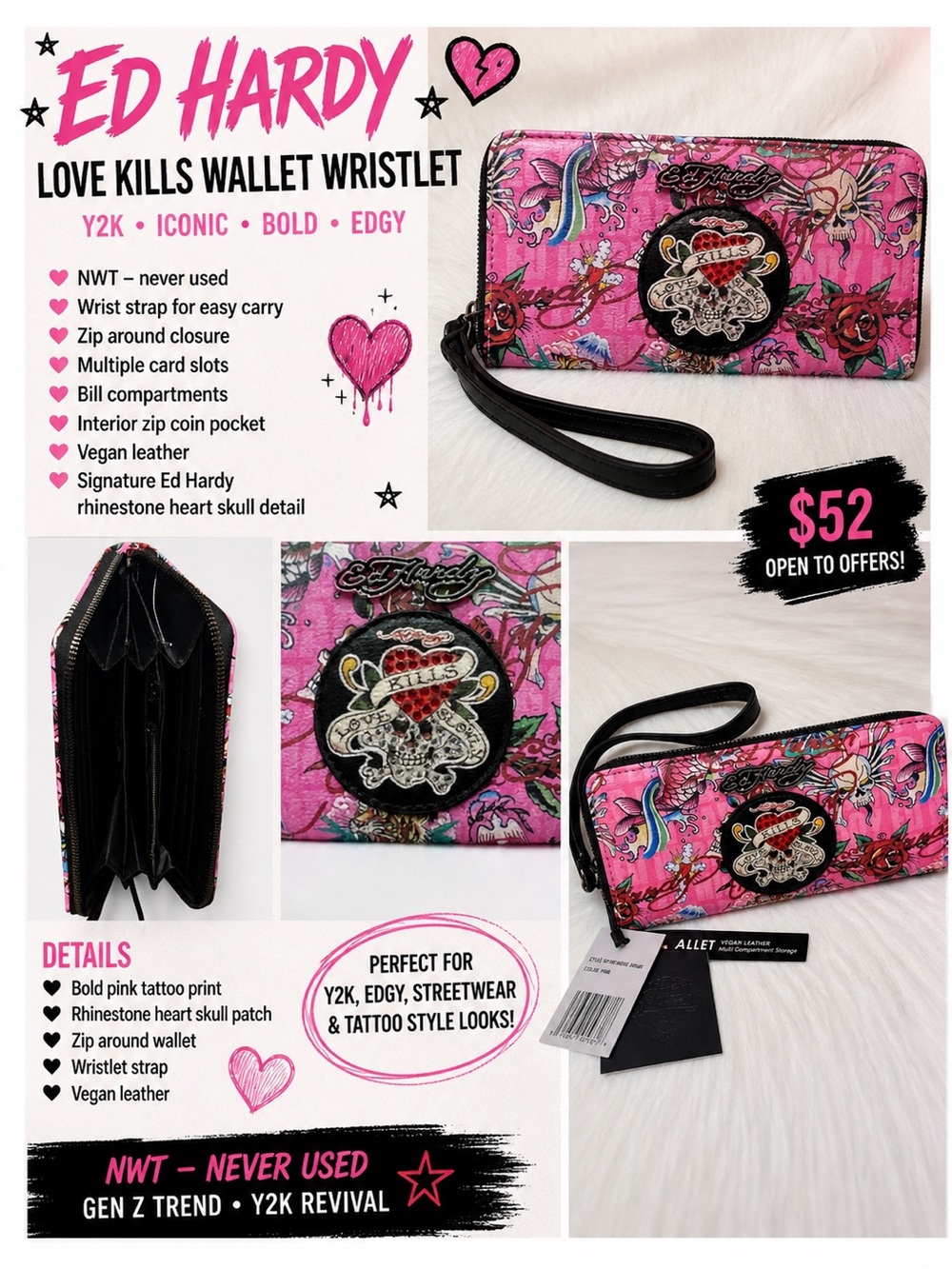 Ed Hardy Pink Love Kills Wallet Wristlet Y2K Skull Heart NWT